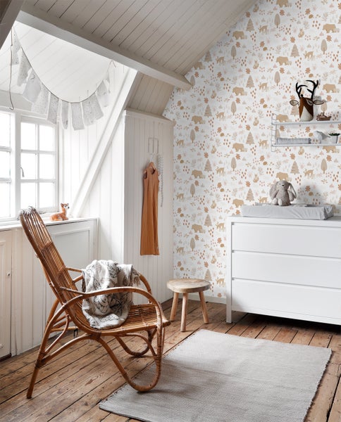 ESTAhome Tapete Wald mit Waldtieren Weiß und Beige - 0.53 x 10.05 m - 139611