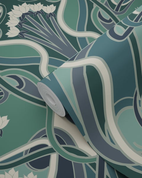 ESTAhome Tapete Blumenmuster im Jugendstil Graugrün und Blau - 50 x 900 cm - 139894