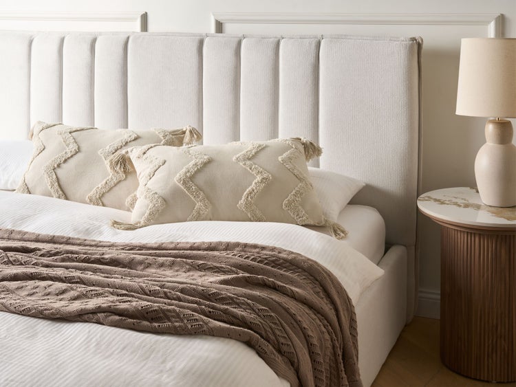 Zwei dekorative Kissen mit Zickzackmuster und Quasten für Wohnraumgestaltung.