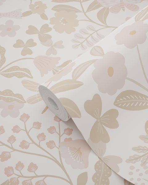 ESTAhome Tapete Blumen und Vögel Weiß, Beige und Hellrosa - 53 cm x 10.05 m - 139866