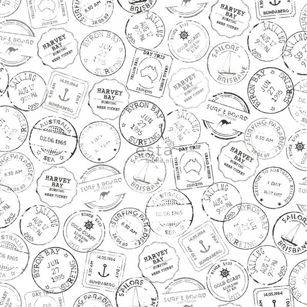 ESTAhome Tapete australische Surf-Stempel Schwarz und Weiß - 53 cm x 10.05 m - 138981