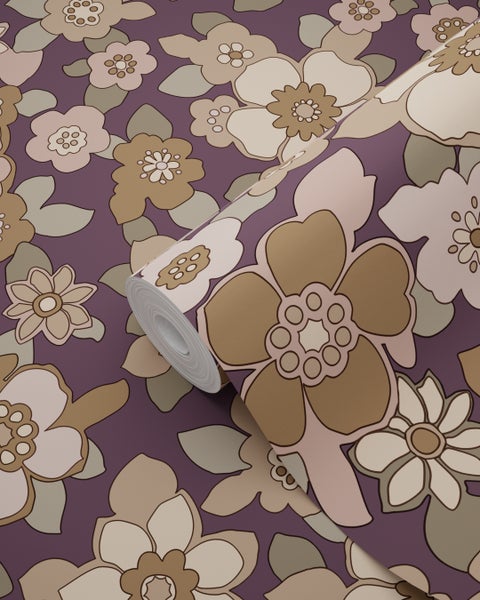ESTAhome Tapete Retro Blumen Dunkelviolett und Beige - 50 x 900 cm - 131529
