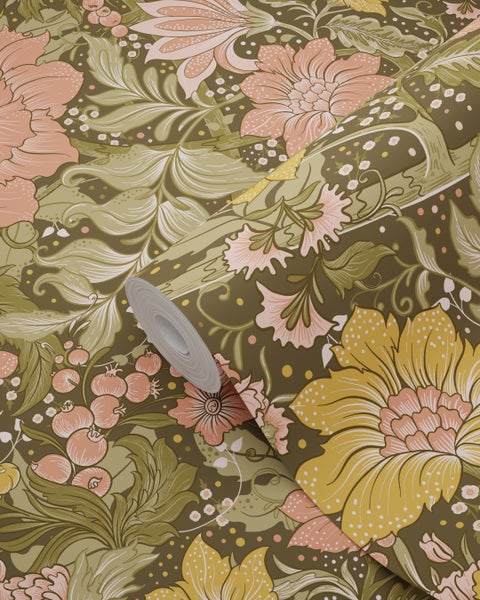 ESTAhome Tapete Blumenmuster Olivgrün, Rosa und Ockergelb - 50 x 900 cm - 131197