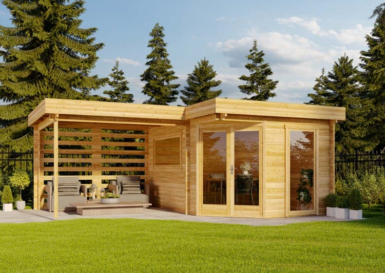 Alpholz 5-Eck Gartenhaus Pepe Optima Gartenhaus aus Holz, Holzhaus mit 40 mm Wandstärke inklusive Terrasse, Blockbohlenhaus mit Montagematerial, Naturbelassen 6x4,4m