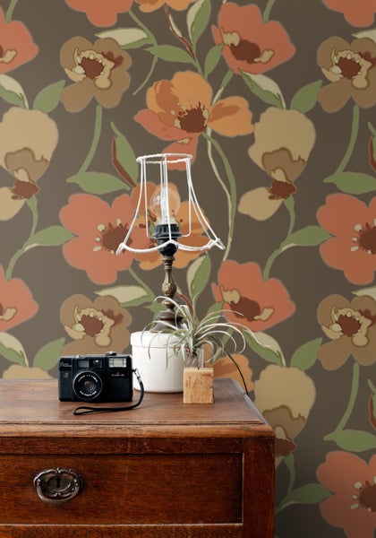ESTAhome Tapete Blumen Orange und Graugrün - 50 x 900 cm - 130990