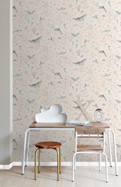 ESTAhome Tapete Unterwasserwelt Hellbeige und Graublau - 50 x 900 cm - 131260