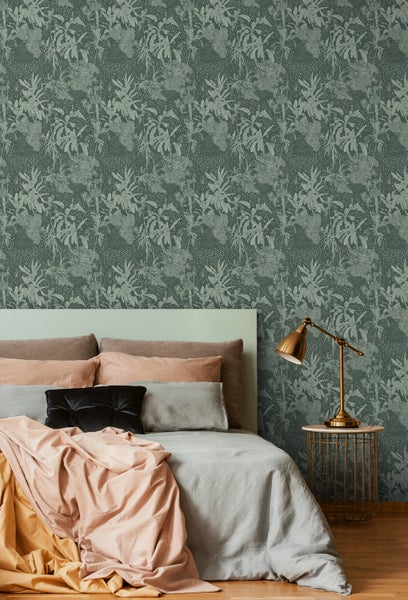 ESTAhome Tapete tropische Blätter Graugrün - 50 x 900 cm - 139887