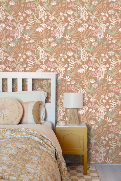 ESTAhome Tapete tropische Blätter und Blüten Hellbraun und Mehrfarbig - 50 x 900 cm - 130996