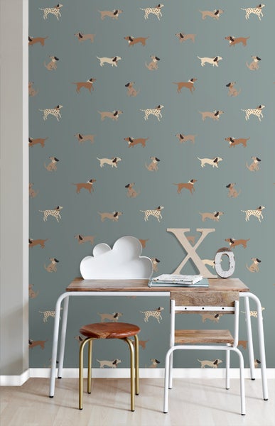 ESTAhome Tapete Hunde Blau und Braun - 50 x 900 cm - 131381