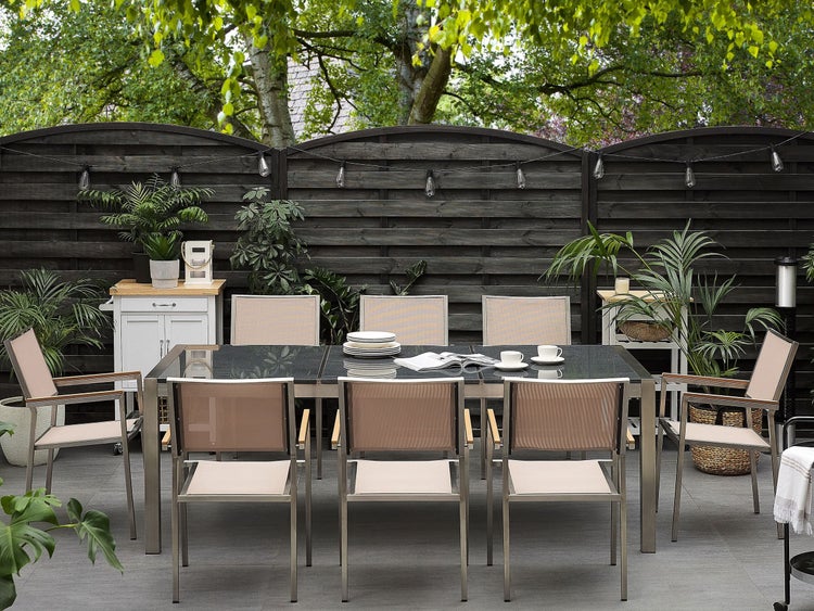 Gartentisch mit acht Stühlen aus Aluminium und Stein
