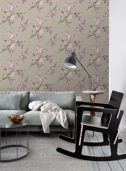 ESTAhome Tapete Kirschblüten Taupe und Violett - 53 cm x 10.05 m - 148717
