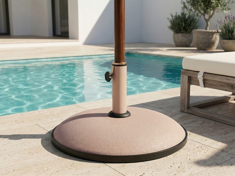 Runder Sonnenschirmständer mit Holzstiel auf einer Terrasse an einem Pool.