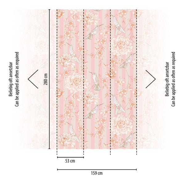 Illustration einer Tapete mit Blumen- und Vogelmuster sowie Größenangaben
