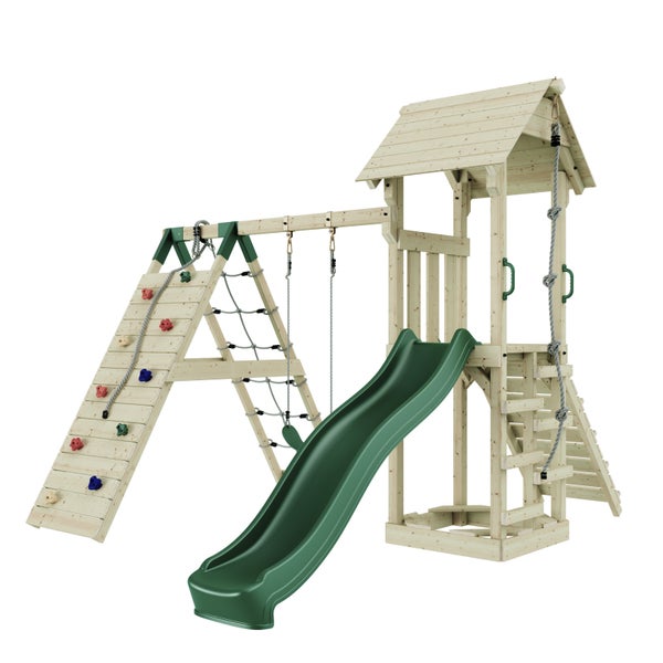 Spielturm mit Rutsche, Kletterwand, Strickleiter und Schaukel