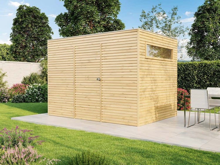 Alpholz Gerätehaus QB (optional mit Schleppdach Gartenhaus aus Holz in Grün, Holzhaus mit 28 mm Wandstärke, Blockbohlenhaus mit Montagematerial imprägniert 3x3m