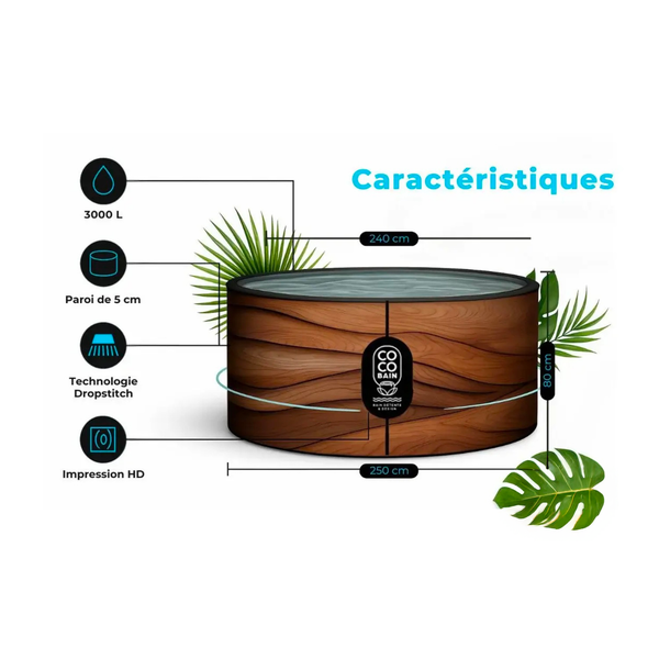 Runder Whirlpool in Holzoptik mit 3000 Litern Fassungsvermögen, 250 Zentimeter Durchmesser, 80 Zentimeter Höhe und Dropstitch-Technologie.