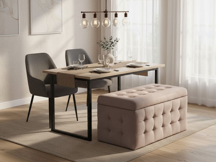 Esstisch mit zwei Stühlen, einer Hängelampe und einer Truhenbank auf einem Teppich