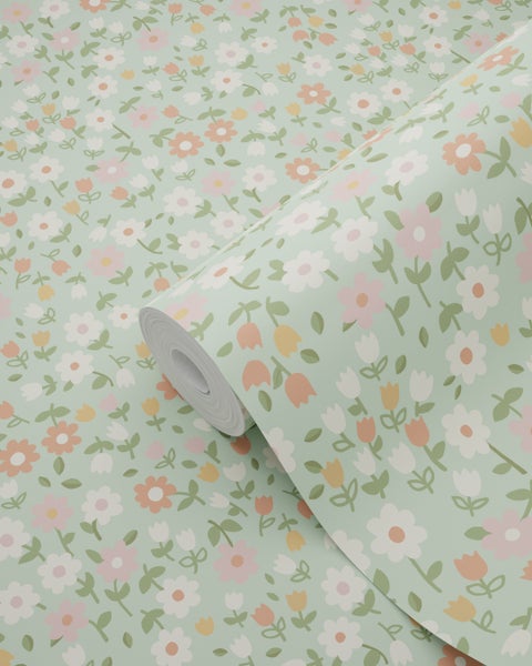 ESTAhome Tapete Blumen Grün, Terrakottarosa und Weiß - 50 x 900 cm - 139470