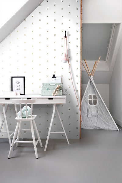 ESTAhome Tapete grafisches Motiv Weiß und Gold - 53 cm x 10.05 m - 139129