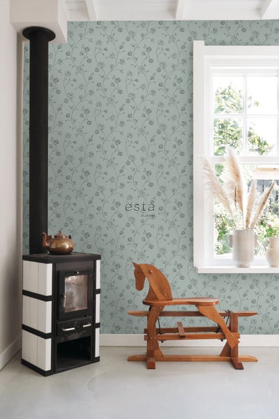 ESTAhome Tapete Toile de Jouy Rosen Graugrün - 53 cm x 10.05 m - 139314