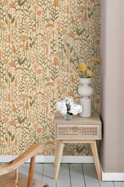 ESTAhome Tapete Feldblumen Gelb, Orange und Grün - 50 x 900 cm - 131548