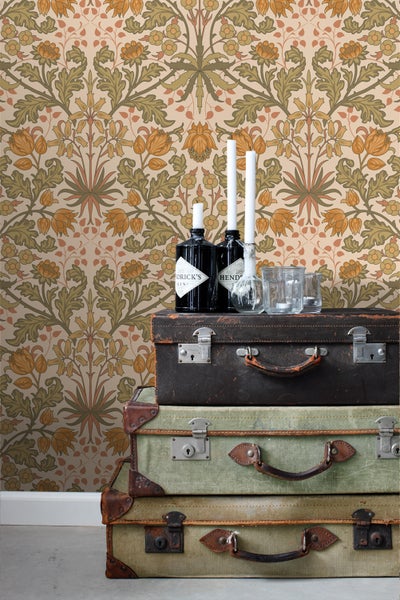 ESTAhome Tapete Blumenmuster im Jugendstil Dunkelorange und Graugrün - 50 x 900 cm - 131175