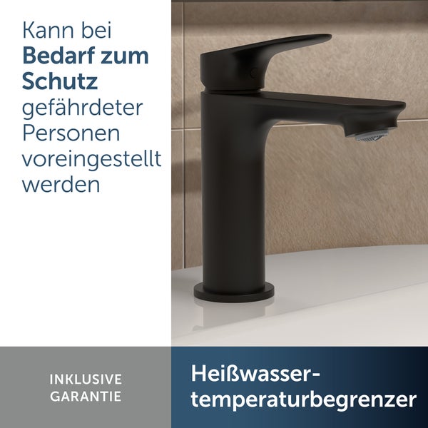 Waschtischarmatur mit Heißwassertemperaturbegrenzer auf einem Waschbecken, inklusive Garantie.