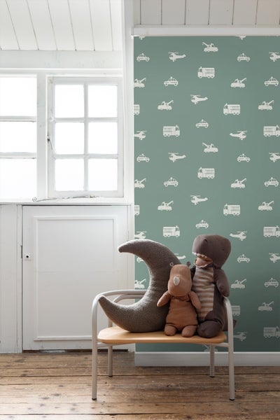 ESTAhome Tapete Autos, Löschfahrzeuge, Hubschrauber und Kräne Graublau - 53 cm x 10.05 m - 131398
