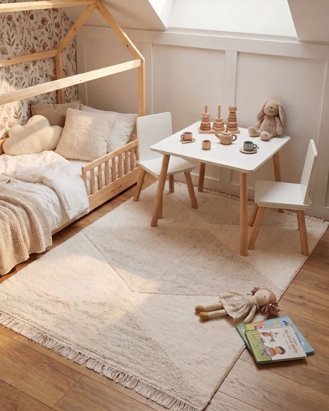 Helles Kinderzimmer mit Hausbett aus Holz, Kindertisch mit Stühlen, weichem Teppich mit Fransen und Spielzeug auf einem Holzboden.
