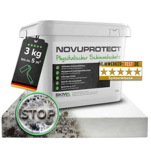 BKM Mannesmann NOVUPROTECT Physikalischer Schimmelschutz, 3 Kilogramm Eimer für innen, bis zu 5 Quadratmeter, Heimwerker-Test.de Logo Spitzenklasse.