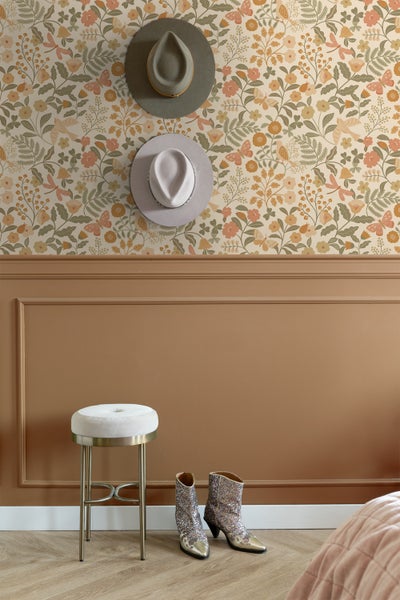 ESTAhome Tapete Blumen und Vögel Orange und Graugrün - 53 cm x 10.05 m - 131393
