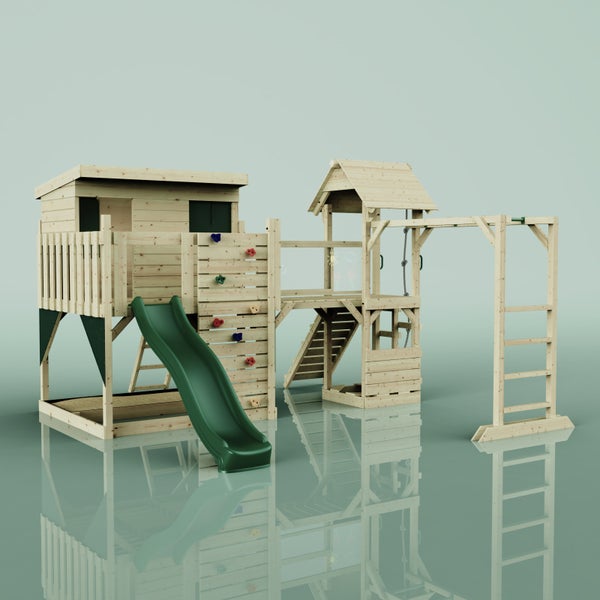 Spielplatzgerät mit Spielhaus, Rutsche und Kletterwand