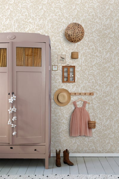 ESTAhome Tapete Blätter und Blumen Hellbeige - 50 x 900 cm - 131371