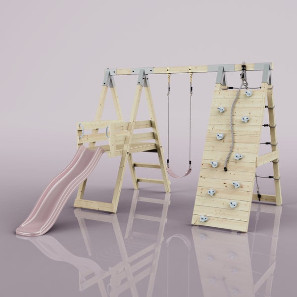 Klettergerüst aus Holz mit Wellenrutsche, Schaukel, Kletterwand mit Klettersteinen und Kletternetz.