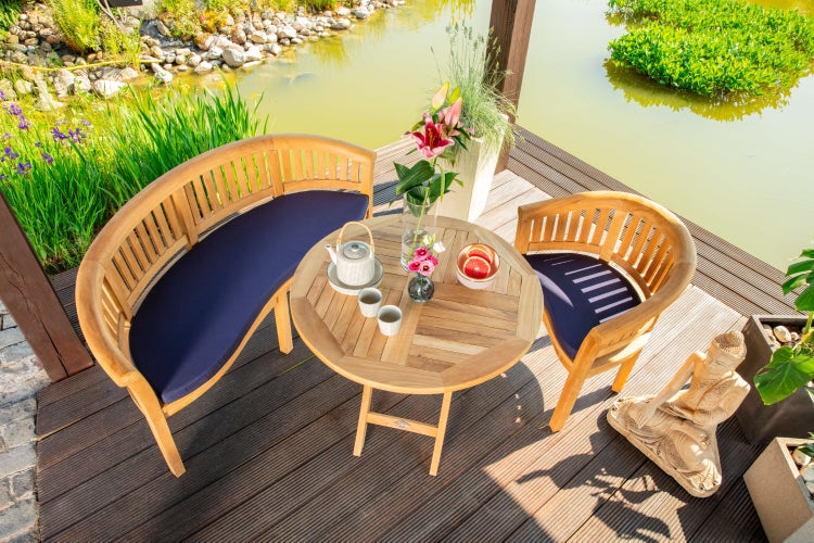 Gartenbank Bananenbank Teak Parkbank Holz Balkon Terrasse Wintergarten und Garten 160 cm geschwungen wetterfest premium