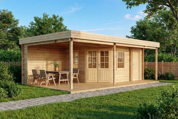 Modernes Gartenhaus aus Holz mit Flachdach, überdachter Terrasse, Wohnraum und Geräteschuppen in einem hellen, gepflegten Garten.