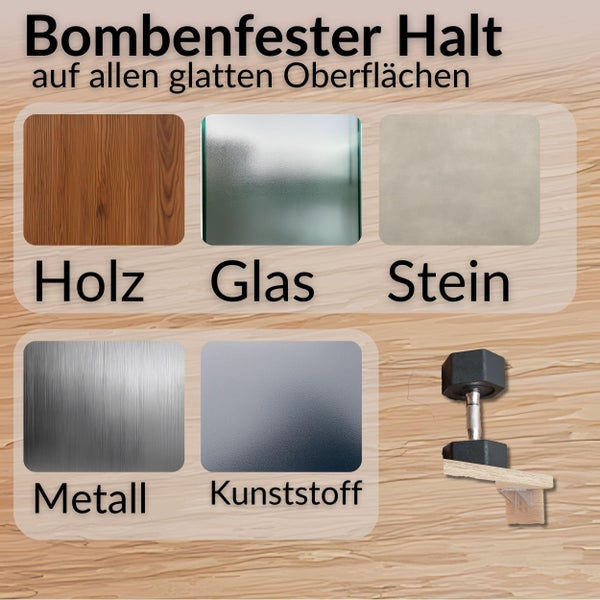Illustration zeigt festen Halt auf Oberflächen wie Holz, Glas, Stein, Metall und Kunststoff, dargestellt durch ein Regal mit einer Hantel.