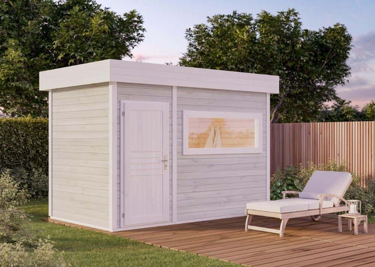 FinnTherm Gartensauna Magnolia Gartensauna 2 Sitzbänke aus Holz, Sauna mit 40 mm Wandstärke, Außensauna mit Montagematerial, Naturbelassen