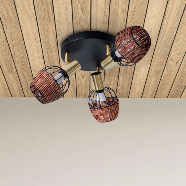 3er Deckenrondell CORBIS, Spot aus Metall in Schwarz, mit Gold und Rattan, mit E14-Fassung, für Esszimmer, Wohnzimmer, Diele oder Büro, Beleuchtung für Wohnzimmer, Esszimmer oder Büro, 38 cm Durchmesser