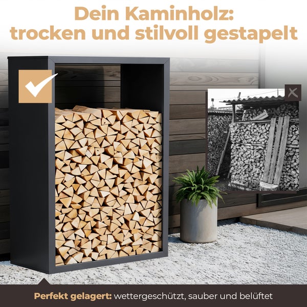 Moderner Kaminholzregal aus schwarzem Metall, gefüllt mit ordentlich gestapelten Holzscheiten, im Vergleich zu unsachgemäßer Holzlagerung.