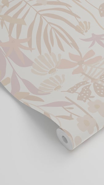 ESTAhome Tapete tropische Blätter und Blüten Beige - 50 x 900 cm - 130995