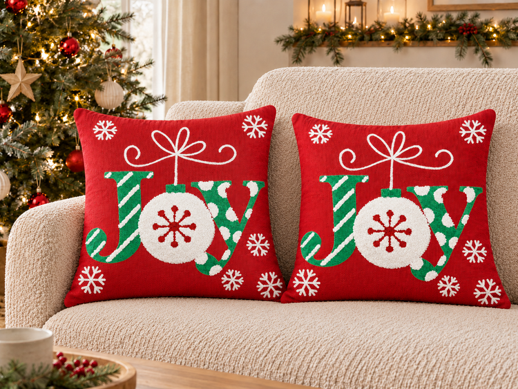Zwei quadratische Dekokissen mit weihnachtlichem Joy Schriftzug und Schneeflockenmotiv auf einem Sofa vor einem geschmückten Weihnachtsbaum.