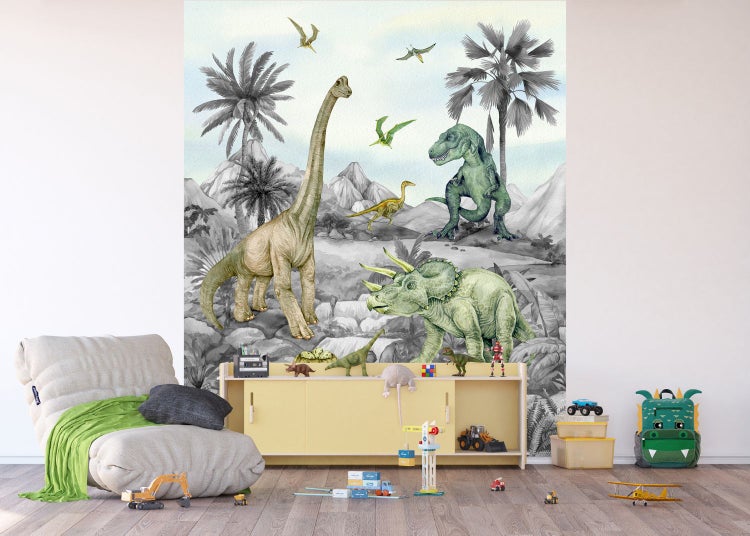 Kinderzimmer mit Dinosaurier-Tapete, Sessel und Spielzeug