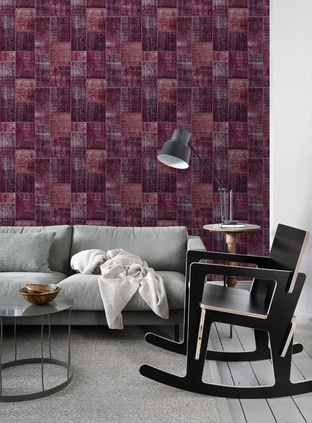 ESTAhome Tapete orientalisches-Marrakech Kelim-Patchwork Burgunderrot - 53 cm x 10.05 m - 148653