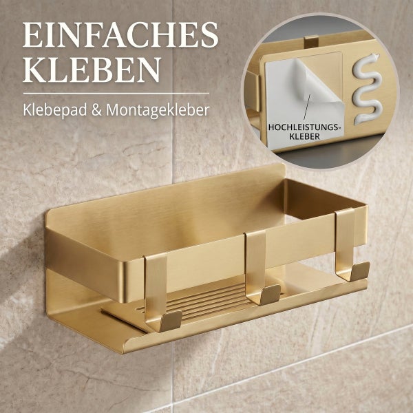 Duschablage zur Klebemontage mit Haken, geeignet für die Wandbefestigung ohne Bohren im Badezimmer.