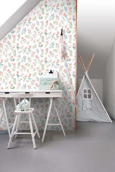 ESTAhome Tapete Blumen Rosa und Graugrün - 50 x 900 cm - 139977