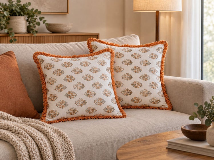 Zwei quadratische Dekokissen mit Blumenmuster und Fransenborte auf einem hellen Sofa im Wohnzimmer.