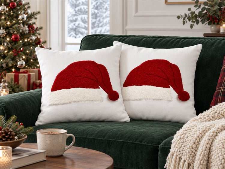 Zwei quadratische Dekokissen mit Weihnachtsmannmütze Motiv auf einem grünen Sofa vor einem geschmückten Weihnachtsbaum.
