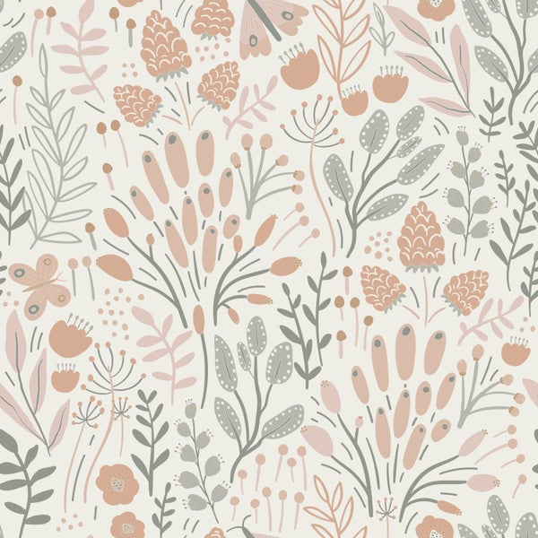 ESTAhome Tapete Blätter und Blumen Hellblau und Terrakotta - 50 x 900 cm - 131387