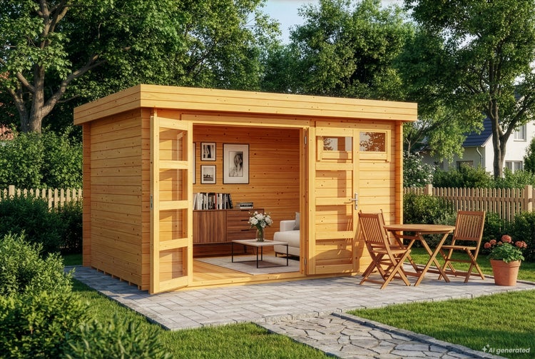 Gartenhaus aus Holz mit Flachdach und verglasten Doppeltüren in einem grünen Garten mit Sitzbereich auf einer gepflasterten Terrasse